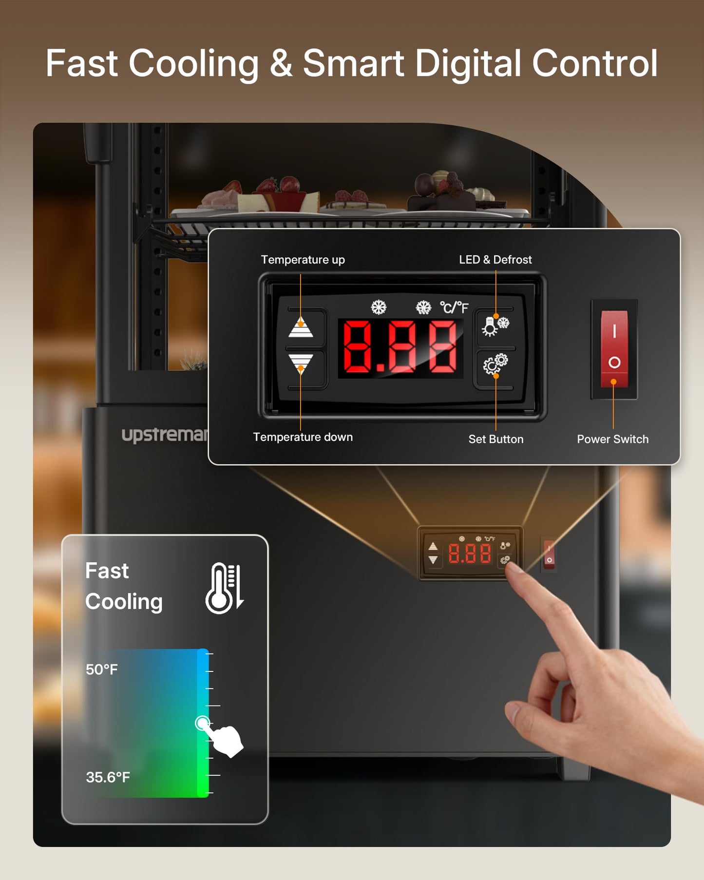 Upstreman Countertop Pastry Display Refrigerator, 2.0 Cu.Ft Commercial Cake Display Refrigerator, Bakery Showcase with LED Light, Digital Thermostat, for Café, Restaurant, Convenience Store, CD20