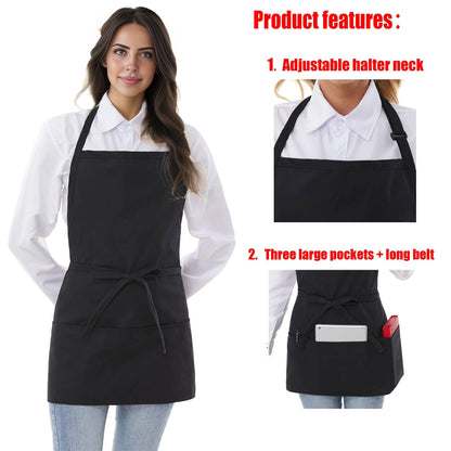 Y.F.H sunbest 2 Pack Chef Apron 3 Pocket Short Apron Adjustable Halter Waitress Apron Kitchen for Cooking Women Black