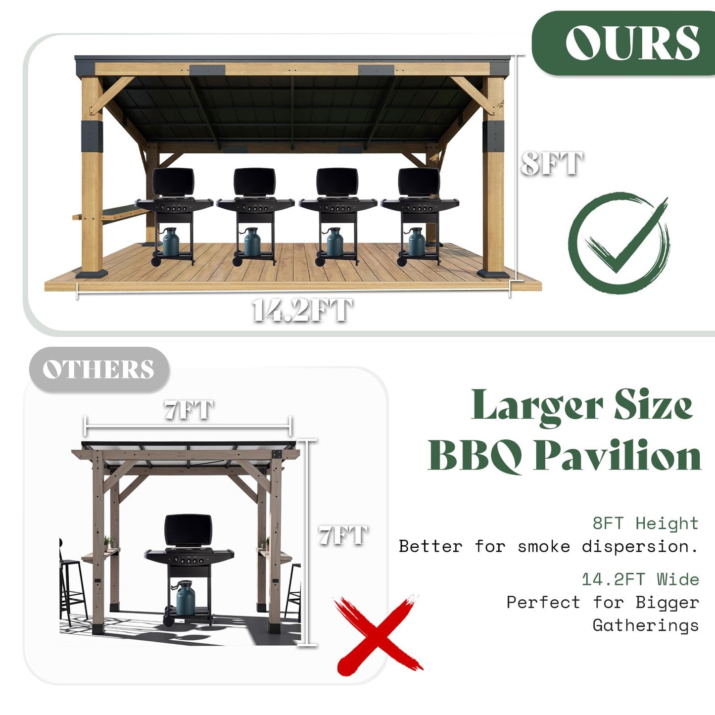 AMERLIFE 10x14 FT Spruce Wood Grill Gazebo with Bar Shelf, Hardtop BBQ Pavilion with Sloped Galvanized Steel Roof, Lean-to Outdoor Pergola for Deck, Backyard, Garden