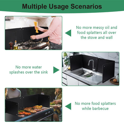 Black Large 2 Pieces 2 Sided Splatter Guard for Frying Stove Top,Oil Splash Guard Cooking for Stove,Non Stick Foldable Splatter Screen for Stove Top