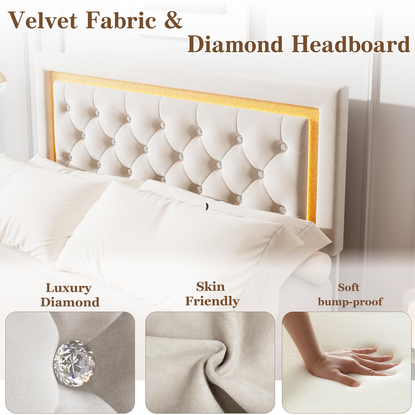 Garvee Floating Bed Frame Queen Size with Smart Led Lights, Upholstered Platform Bed with Diamond Headboard, Solid Wood Slats Support, No Box Spring Needed, Noise-Free, Easy Assembly, White