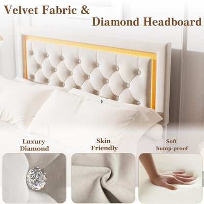 Garvee Floating Bed Frame Queen Size with Smart Led Lights, Upholstered Platform Bed with Diamond Headboard, Solid Wood Slats Support, No Box Spring Needed, Noise-Free, Easy Assembly, White