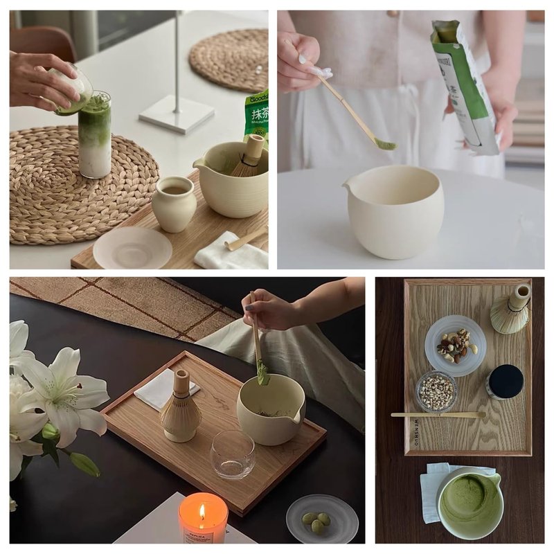 Matcha Whisk Set, Ceramic Matcha Bowl & Whisk Holder, Bamboo Accessory, Modern Design (Matte Crème, Pouring Spout) (Matte Crème)