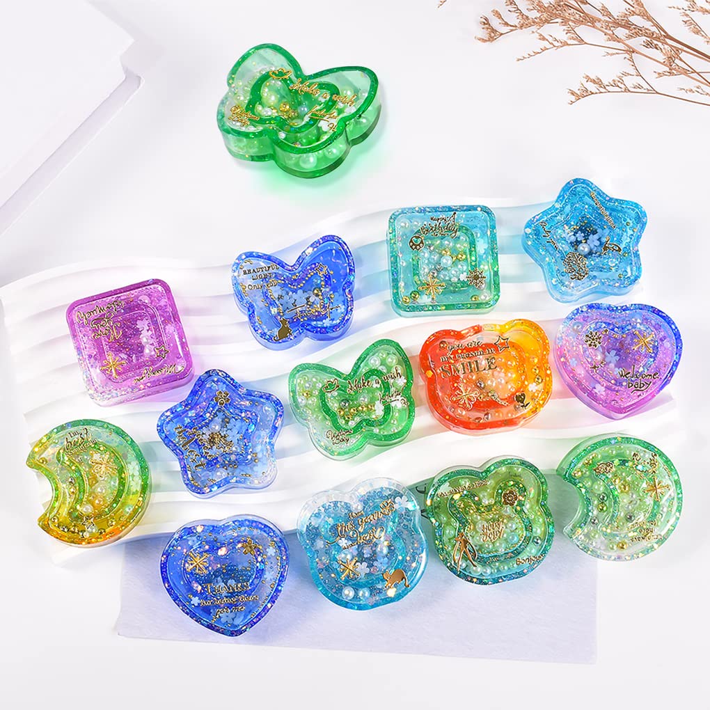 FineInno 8 PCS Resin Shaker Molds,Double Layer Silicone Mold for Epoxy Resin Casting,Heart,Star,Butterfly Quicksand Mold with 80 PCS Sealing Sheet