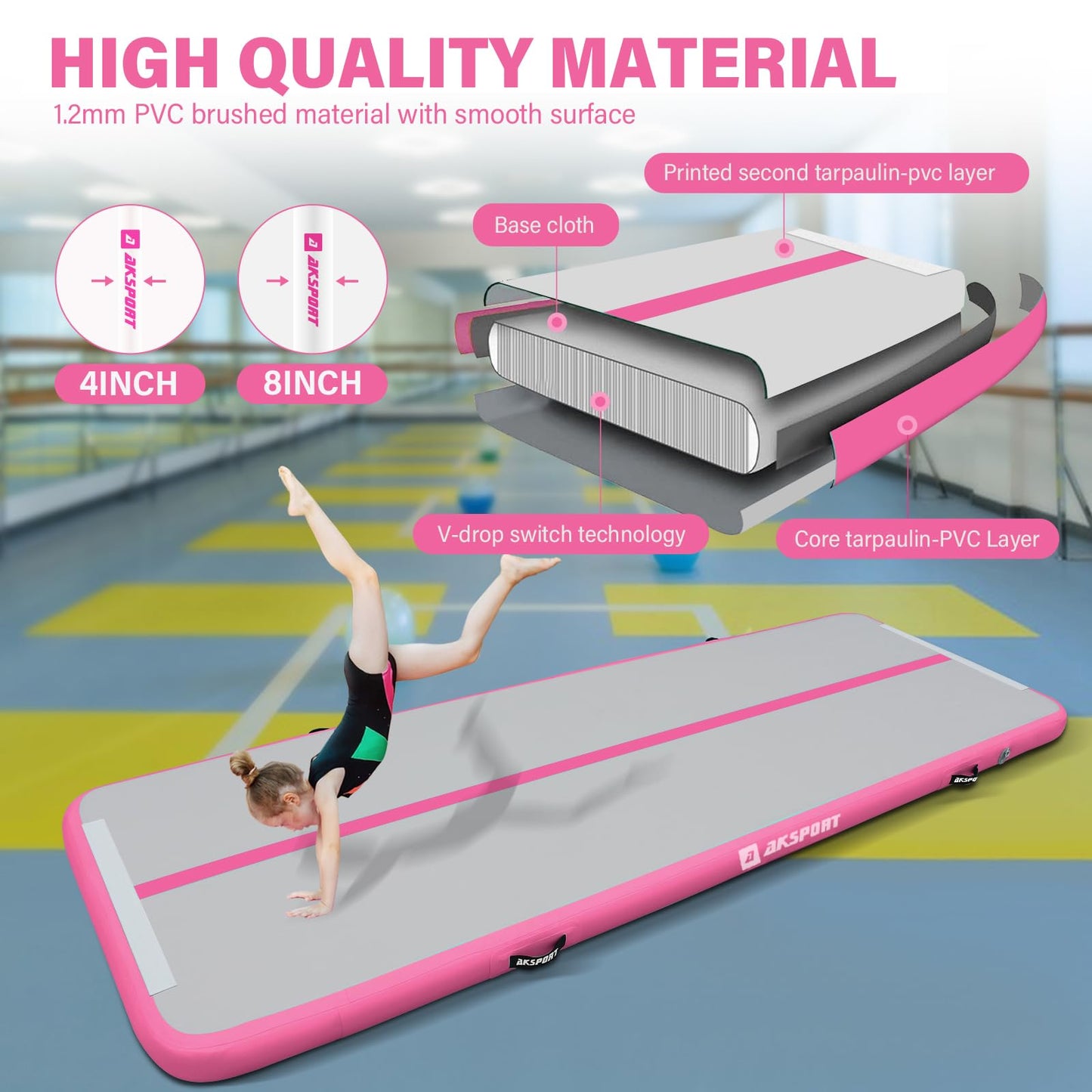 AKSPORT Air Mat Tumble Track Gymnastics Tumbling Mat Inflatable Mats With Electric Air Pump for Home Use/Tumble/Gym/Training/Cheerleading/Parkour/Beach/Park/Water 3.3/10/13.12/16.4/20/23-39ft (pink, 13.12)
