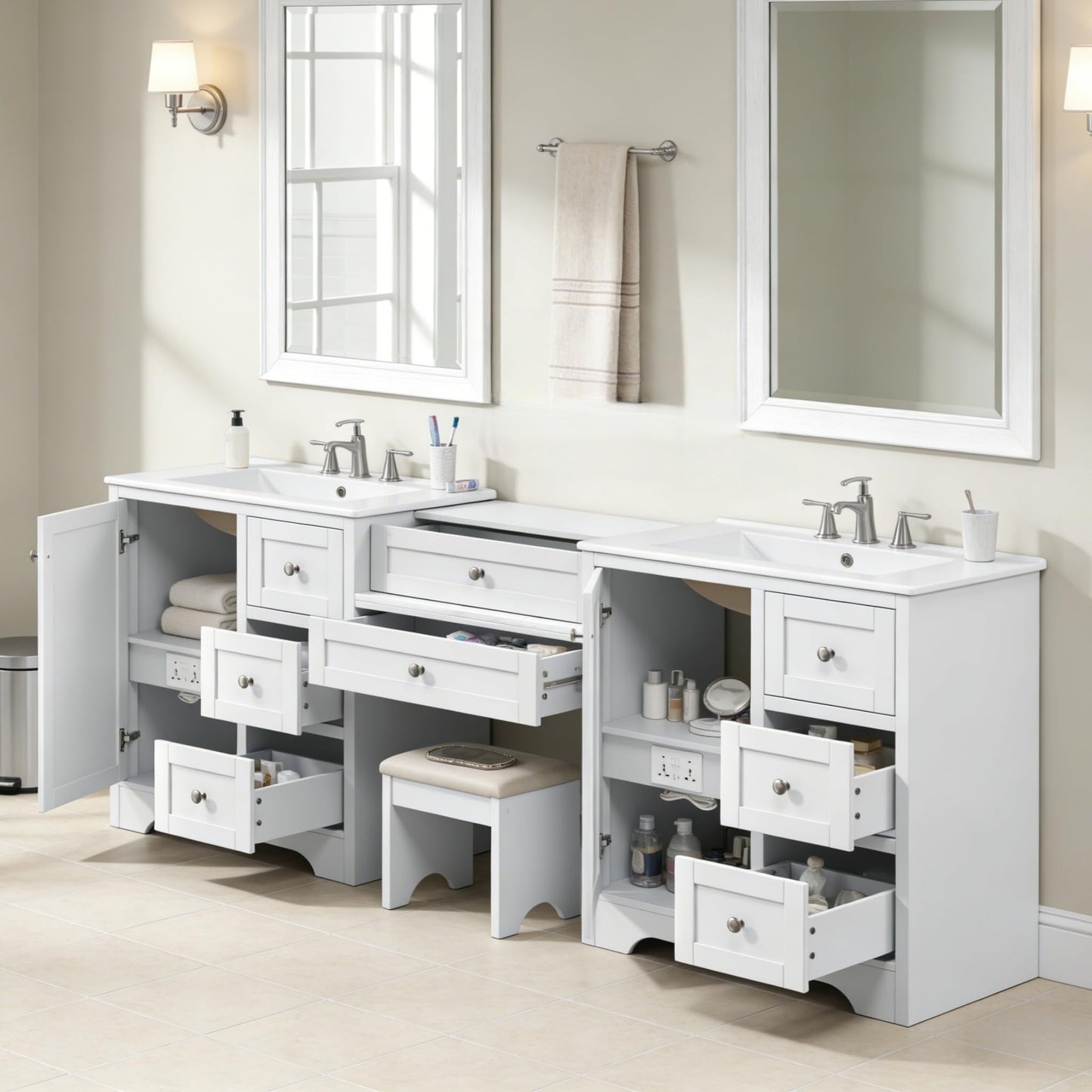 Merax 84" Double Sink Bathroom Vanity with Engineered Stone Countertop & 2 Ceramic Sinks,Large Storage Vanity with 6 Soft Close Drawers,Silver Metal Knobs for Master Bathroom,Family Bath,White