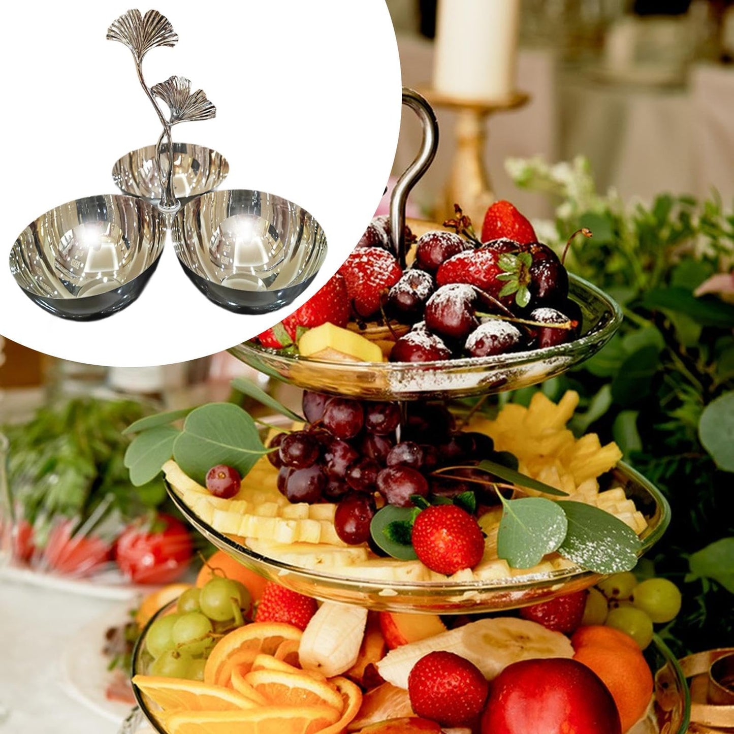 ＫＬＫＣＭＳ Stainless Steel Snack Bowls,3 in 1 Cluster Serving Bowls,Decorative,Portable,Connected Fruit Bowl for Snacks Home Decor Tea, Ginkgo Handle