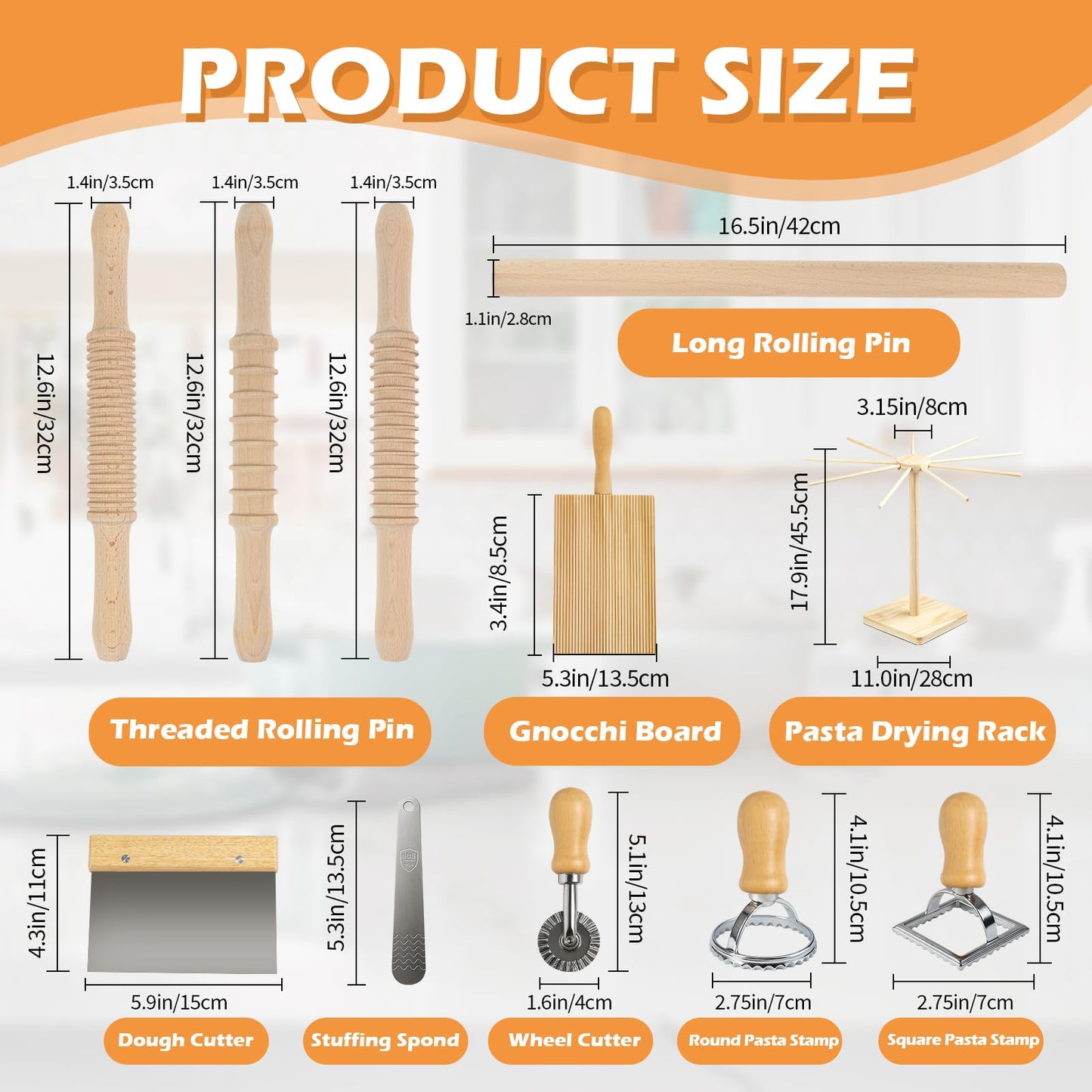 3 Size Pasta Making Tools, 11Pcs Wooden Pasta Making Kit with 3 Size Threaded Rolling Pins, Long Rolling Pin, Rotatable Pasta Drying Rack, Gnocchi Board, Dough Cutter, Wheel Cutter, 2 Stamps