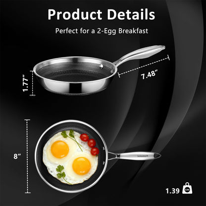 SAKAMOSH 8" Non Stick Frying Pans, Hybrid Ceramic Stainless Steel Pan, Skillet with Stay-Cool Handle, Non Toxic, PFAS PFOA PTFE Free, Dishwasher & Oven Safe, Induction, Compatible with All Cooktops