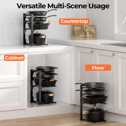 MUDEELA Pots and Pans Organizer under Cabinet 15.75" Tall, 4-Tier Heavy Duty Pan Organizers inside Cabinet Kitchen Storage, Adjustable Pot Rack Holds up to 44 LB Cast Iron Skillets Shallow Cookware