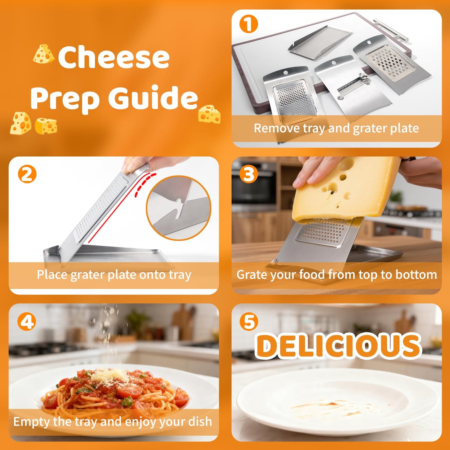 Aolzg 3-in-1 Handheld Cheese Grater Set for kitchen - Adjustable Slicer, Grater and Shredder with Tray - 430 Stainless Steel for Cheese, Butter, Vegetables, Chocolate, Dishwasher Safe