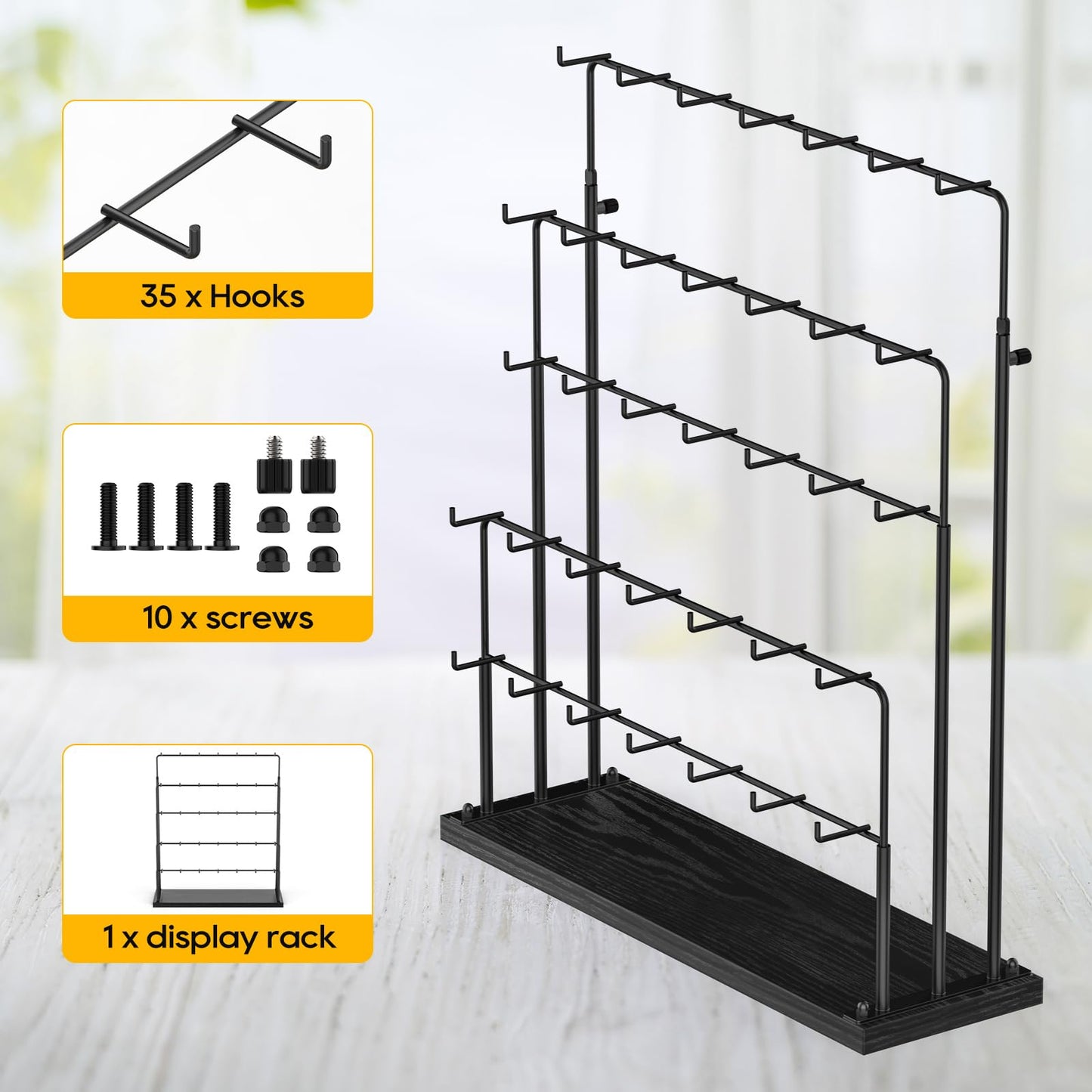 ORLESS Jewelry Display for Vendors, Earring Display Stand for Selling, Necklace Display Holder for Selling, Earring Cards Organizer for Bracelets, Rings, Jewelry Towers, Black (35 Hooks)