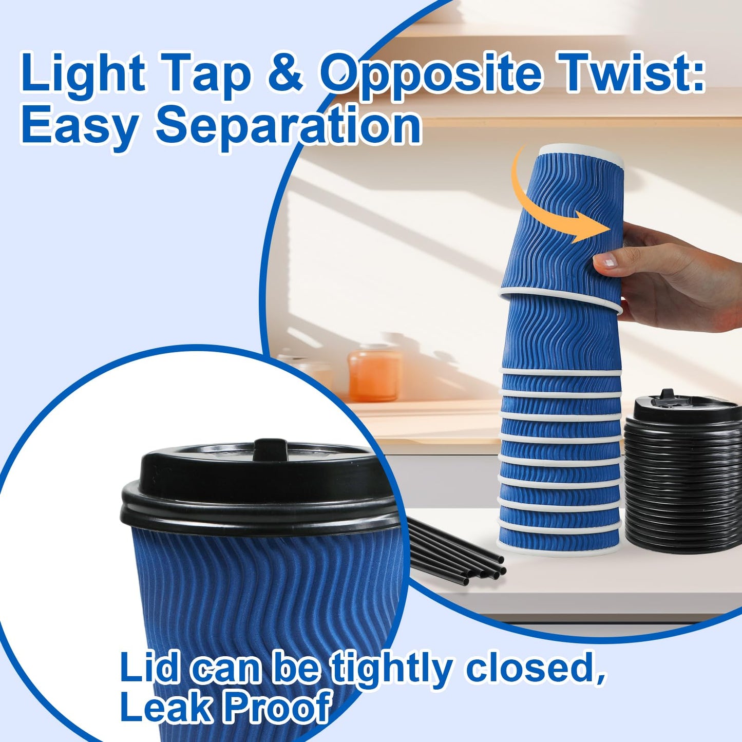 RAZCC Coffee Cups, 100 Pack 12 oz Disposable Blue Insulated Paper Cups, Corrugated Kraft Ripple Wall Cup, Comes With Lids and Straws, Suitable for Hot and Cold Drinks