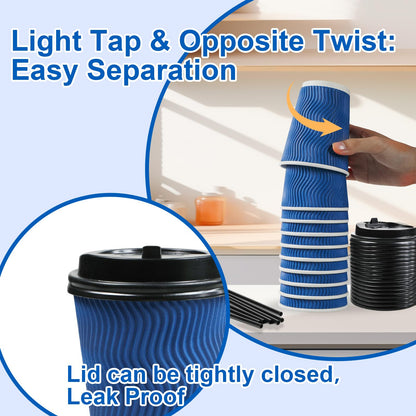 RAZCC Coffee Cups, 100 Pack 12 oz Disposable Blue Insulated Paper Cups, Corrugated Kraft Ripple Wall Cup, Comes With Lids and Straws, Suitable for Hot and Cold Drinks
