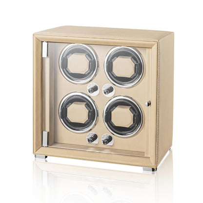 KOHUDIS Watch Winder for 2/4/6/9 Automatic Watches, high-end Leather Making, Super Quiet Mabuchi Motor, Two Power Modes, Built-in led Lights (Apricot, 4 Slots)