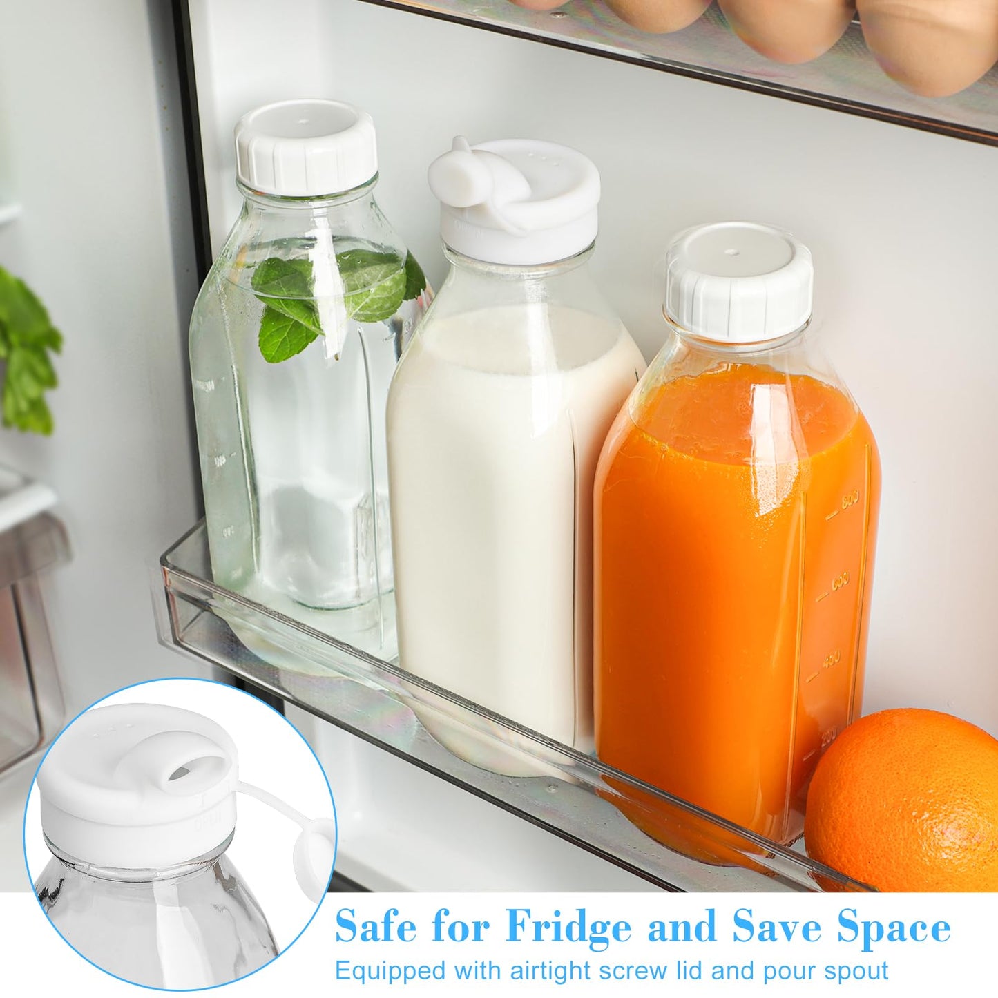 2 Pack Glass Milk Bottle with 2 Dispenser Caps, 100% Airtight Heavy Duty Screw Lid. 32 Oz Reusable Glass Water Jug with 3 Lids! Breast Milk Pitcher, Buttermilk, Nut, Juice, Syrup, Coffee Creamer