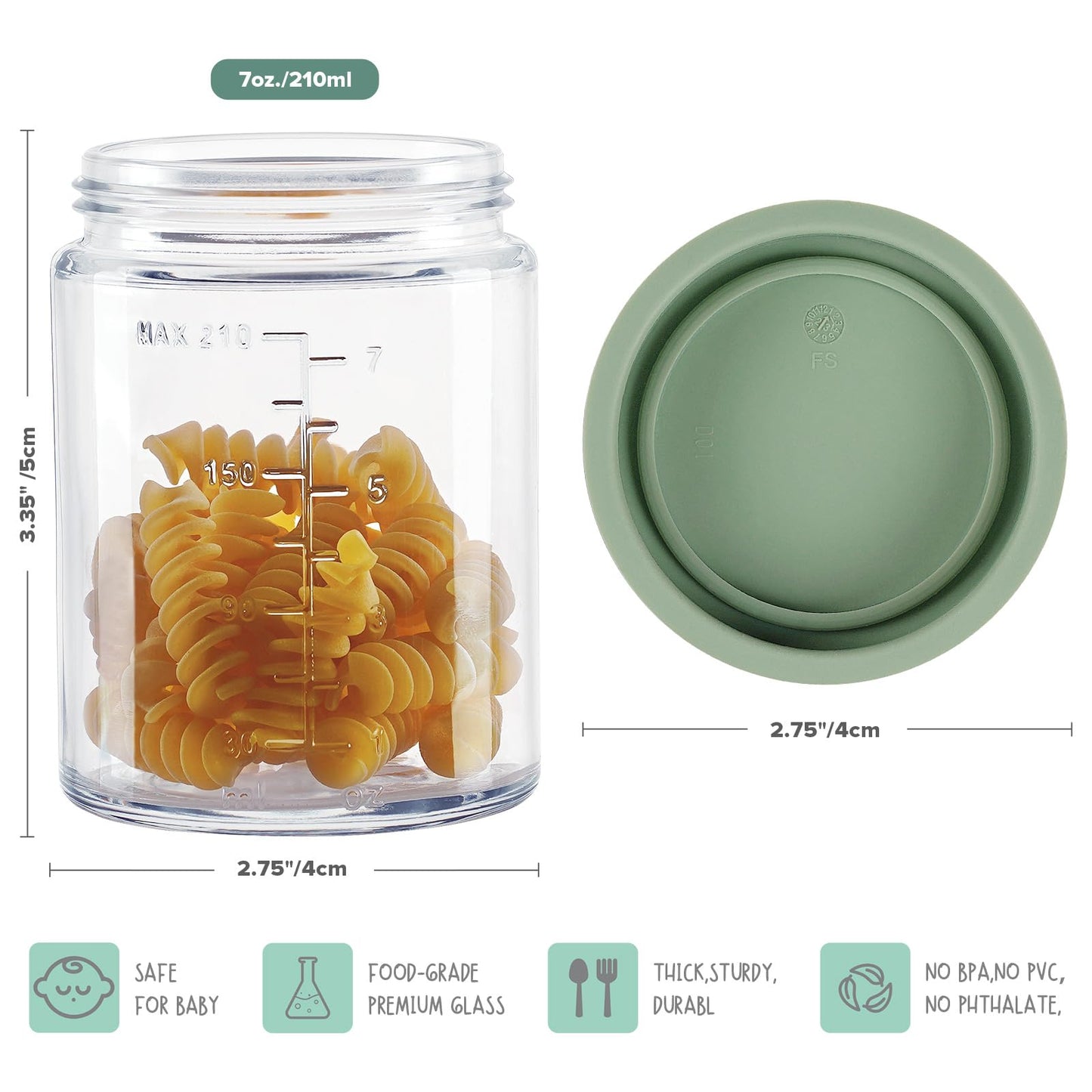 haakaa Baby Food Storage Containers Set,100% Leak-Proof Glass Baby Food Jars with Silicone Lids, Fridge –Freezer & Microwave Safe,4 PCS 7 oz,Pea Green
