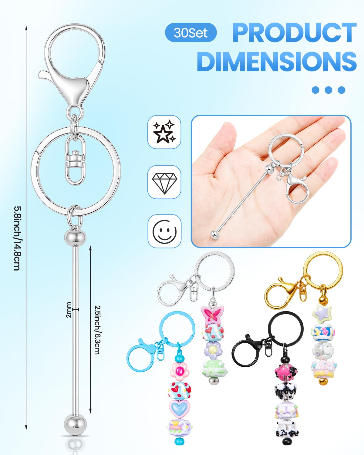 RQAYE 30pcs Beadable Keychains Keychain Bulk kit Cute Blank Bead Keychain Strip DIY Men's and Women's Making Supplies Crafts, Jewelry, Bag Accessories, Customized Project Gifts (Multicolor)