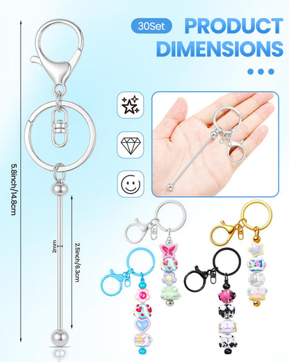 RQAYE 30pcs Beadable Keychains Keychain Bulk kit Cute Blank Bead Keychain Strip DIY Men's and Women's Making Supplies Crafts, Jewelry, Bag Accessories, Customized Project Gifts (Multicolor)