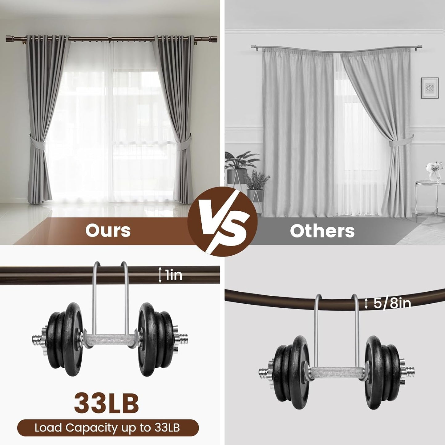 Skiennix Heavy-Duty Adjustable Brown Curtain Rod - Fits 30-84 Inch Windows, 1 Inch Diameter