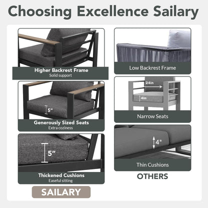 SAILARY Outdoor Patio Furniture Set 7 Pieces Luxury Aluminum Patio Conversation Set with Coffee Table and 2 Ottoman 9 Seats, Thick Cushions, Large Sectional Sofa for Porch, Balcony, Deck, Dark Gray