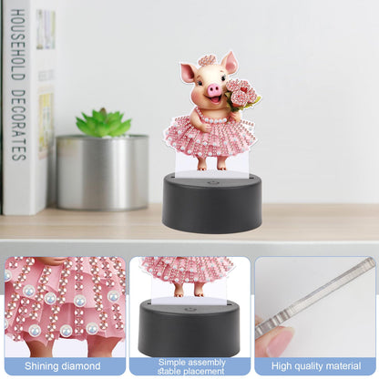 JISHSHAY Diamond Painting Night Light Diamond Art Table Lamps Gem Art LED Lights Gem Painting Desk Lamp Mosaic Kits for Adults DIY Kits for Adults Paint by Numbers with Special Drills Pig Skirt