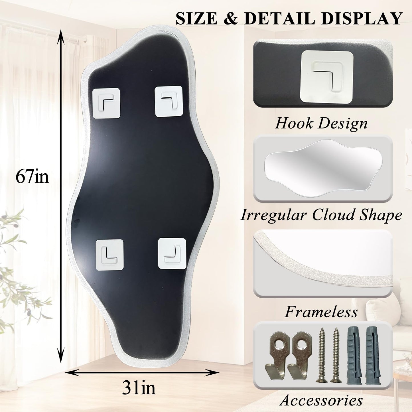 DAOYIJIAJU Large Irregular Mirror, 67"x31" Silver Asymmetrical Frameless Mirror Full Length, Organic Tempered Glass Mirrors for Living Room Bedroom Hallway Entryway, Horizontal or Vertical Hanging