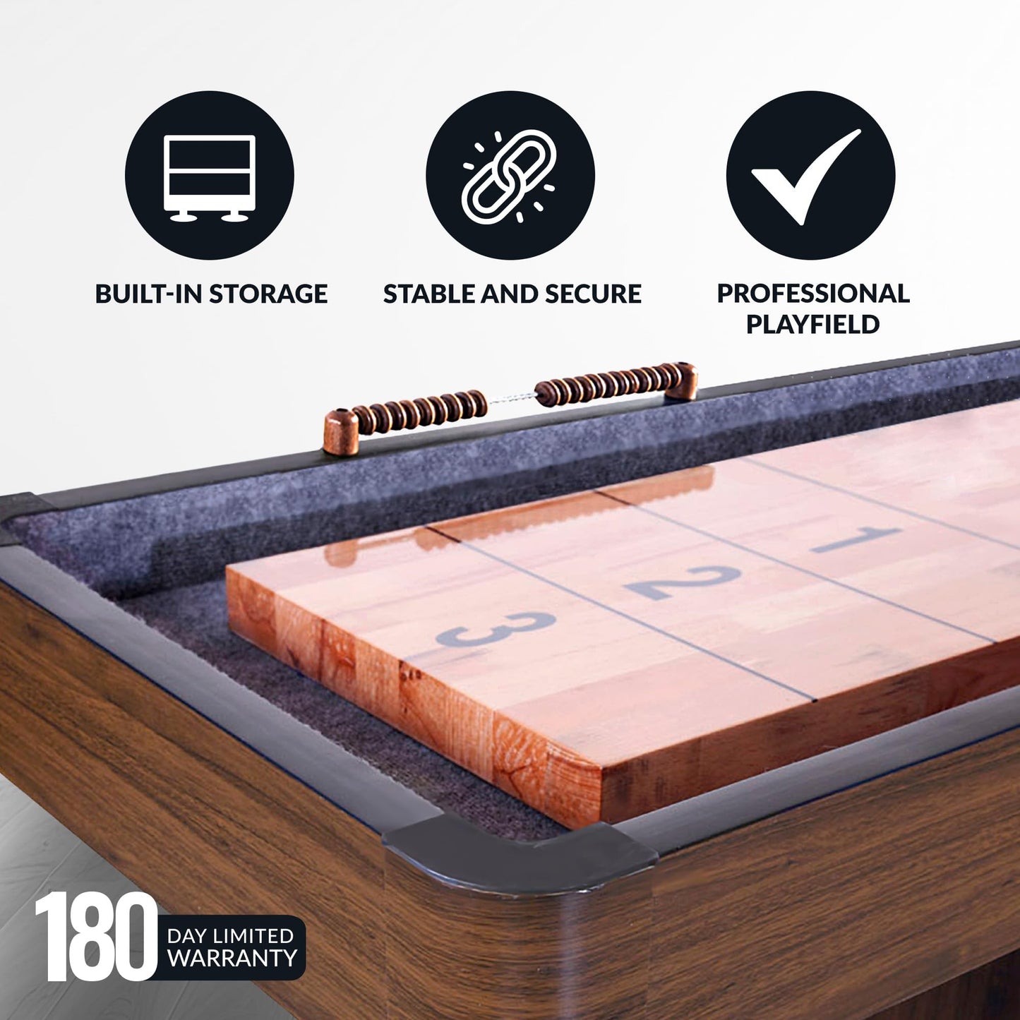 Hathaway Challenger 14 Ft Shuffleboard Table for Family Arcade Game Room - With Poly-Coated Playfield, Built-In Scorer & Cabinet, Climate Adjusters, Leg Levelers, 8 Pucks, Brush & Wax - Walnut Finish