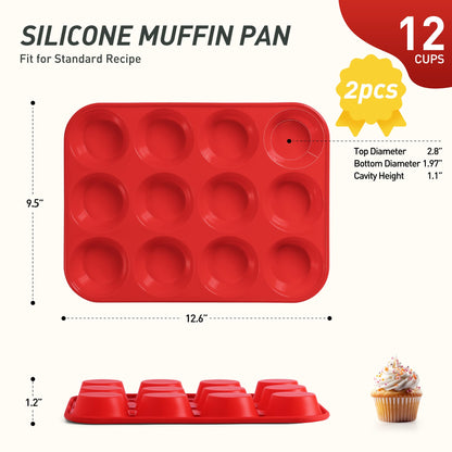 2 Pack 12 Cups Silicone Muffin Pan with Metal Reinforced Frame Regular Size Silicone Molds Cupcake Cake Baking Pans Cookie Baking Chocoflan Cupcake Mold Nonstick Muffin Tin Home Baking Supplies