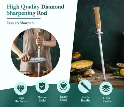 HEZHEN 8-Piece Knife Block Set, 67 Layers Damascus Steel Knife Set with Block, Kitchen Scissor-Sharpner Rod, Professional Knife Sets for Chefs, Linen Micarta Handle, Gift Packing