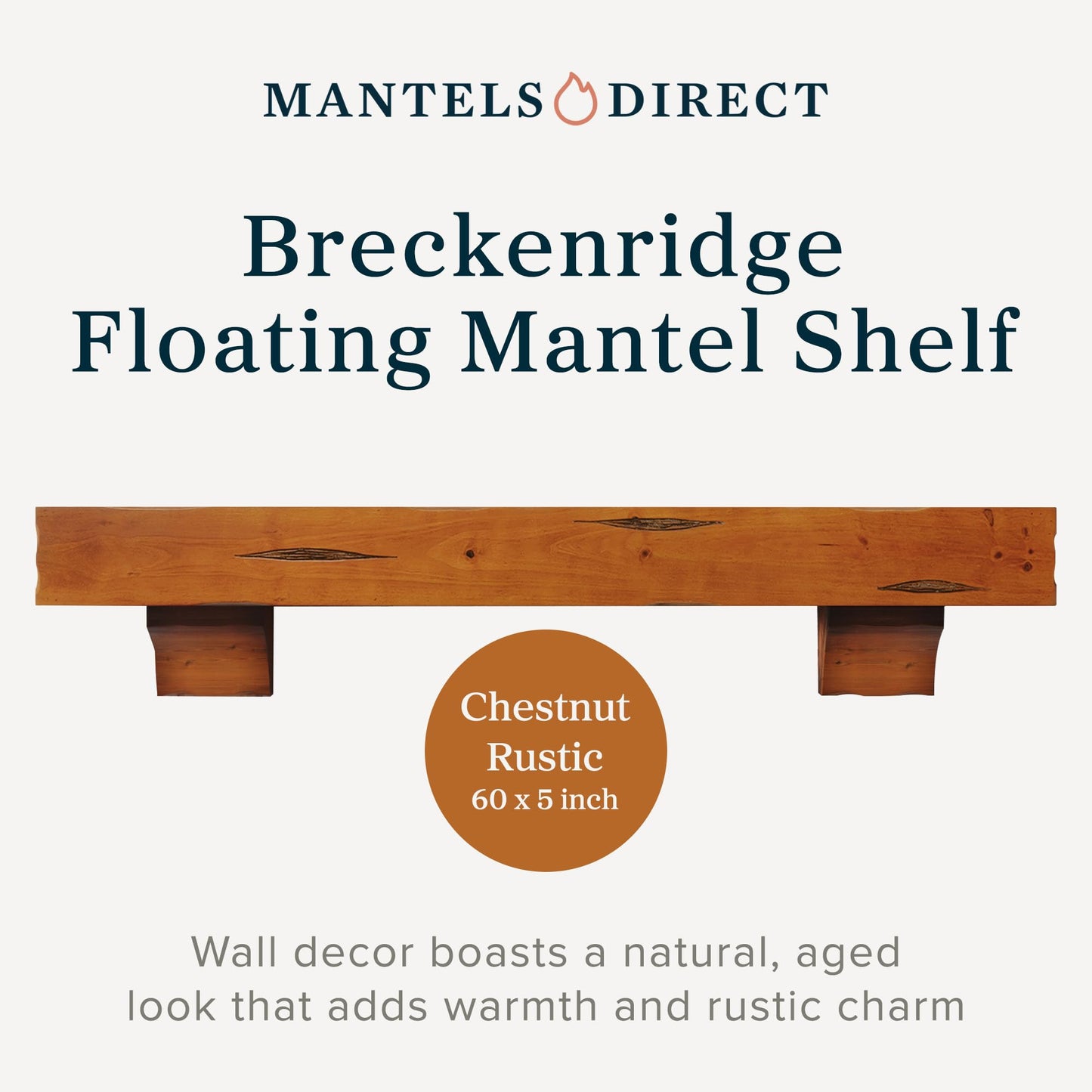 MANTELSDIRECT Breckenridge 60” Fireplace Mantel Shelf with Corbels – Rustic Floating Mantel Shelf for Over Fireplace – Chestnut - Wood Shelf for Wall – Pine Box Construction