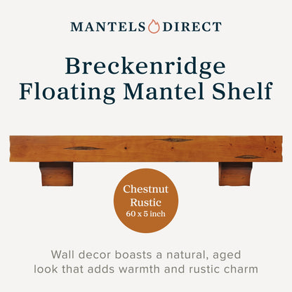 MANTELSDIRECT Breckenridge 60” Fireplace Mantel Shelf with Corbels – Rustic Floating Mantel Shelf for Over Fireplace – Chestnut - Wood Shelf for Wall – Pine Box Construction