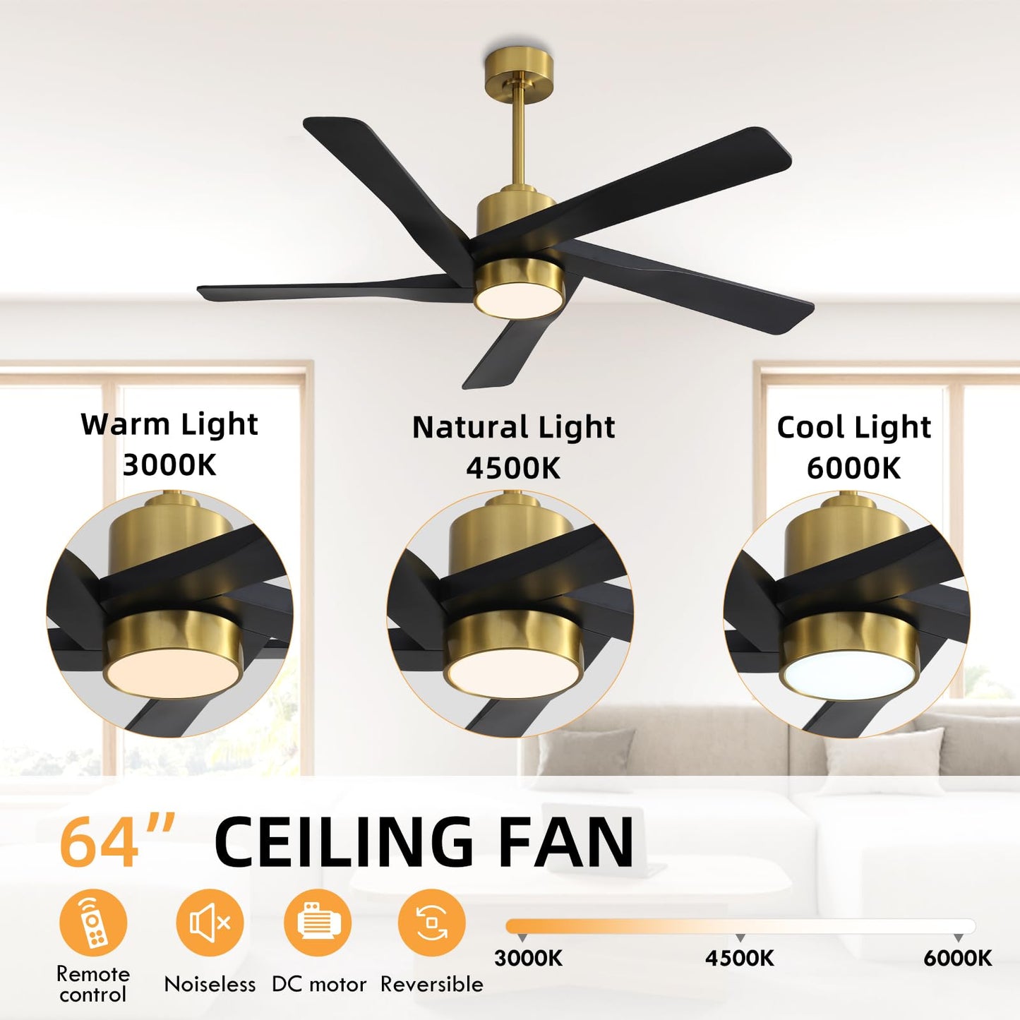 WINGBO 64" ABS DC Ceiling Fan with Lights, 5 Blade ABS Plastic Ceiling Fan with Remote, 6-Speed Reversible DC Motor, LED Ceiling Fans for Kitchen Bedroom Living Room, Brass and Matte Black