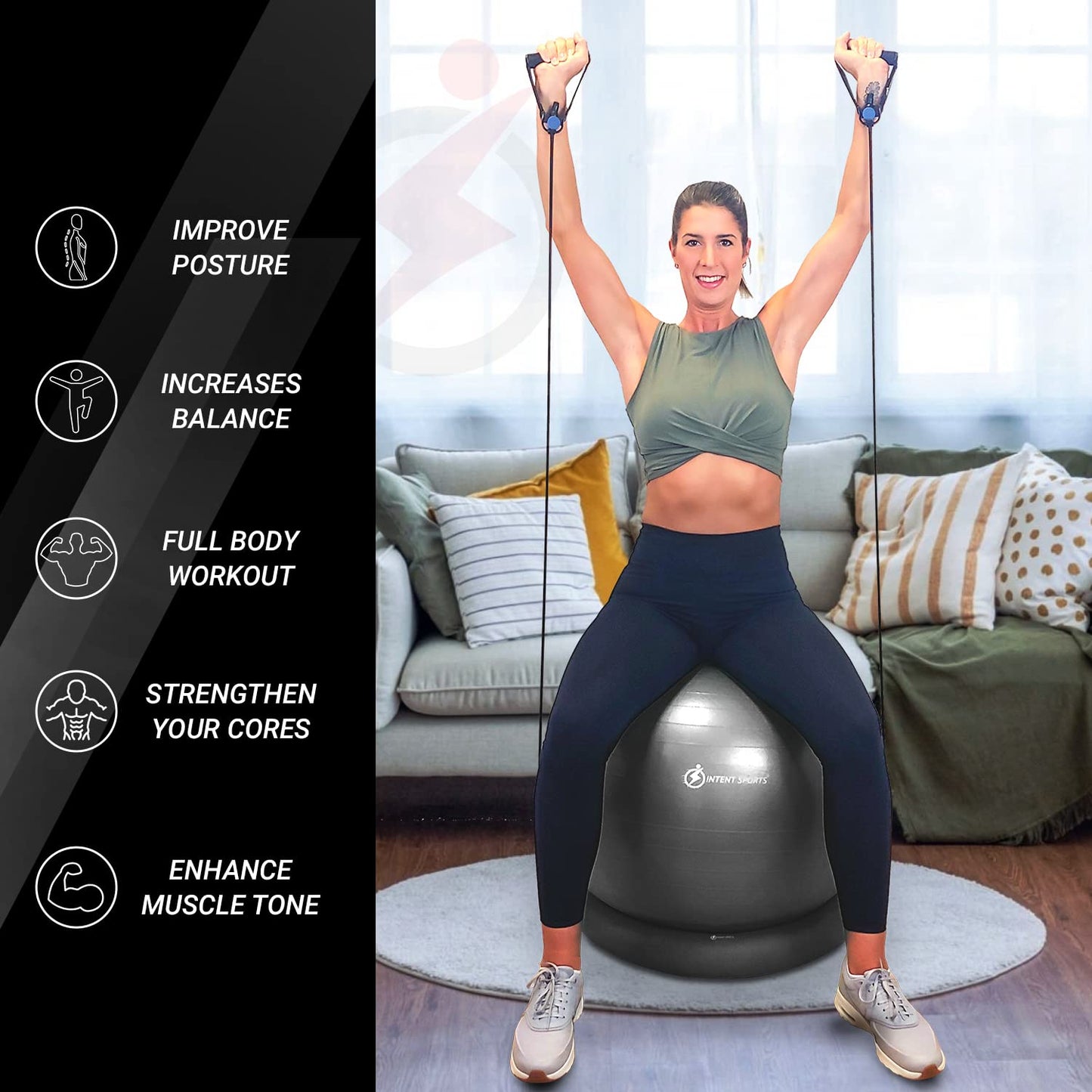 INTENT SPORTS Yoga Ball Chair – Stability Ball with Inflatable Stability Base & Resistance Bands, Fitness Ball for Home Gym, Office, Improves Back Pain, Core, Posture & Balance (65 Cm)