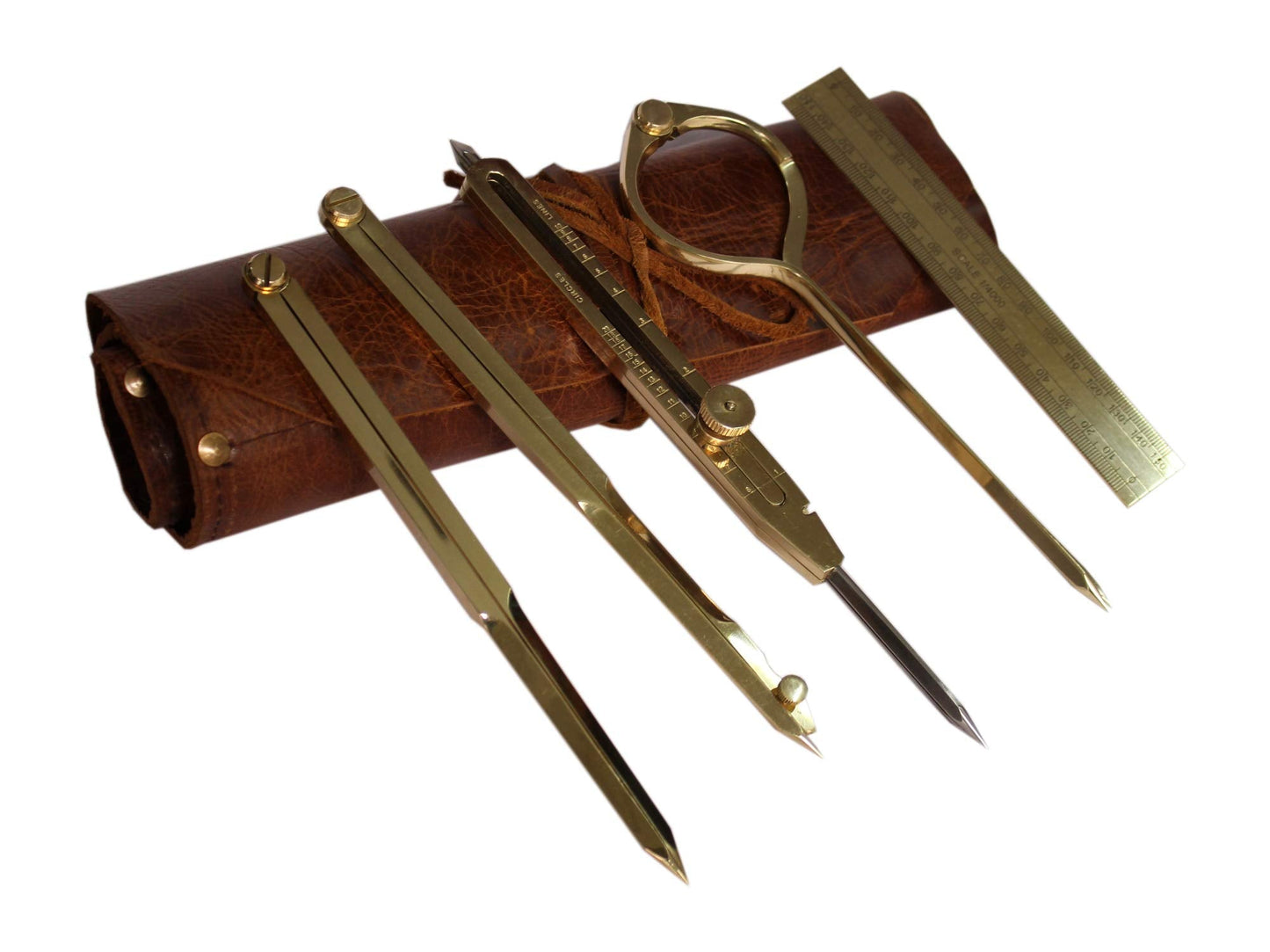 Proportional Divider Set of 5, Full Brass dividers with Executive Handmade Leather Roll Tools Bag, Single Handed 8" Brass Navigation Dividers Compass Set for Maritime, Naval, Geometry and Drafting.
