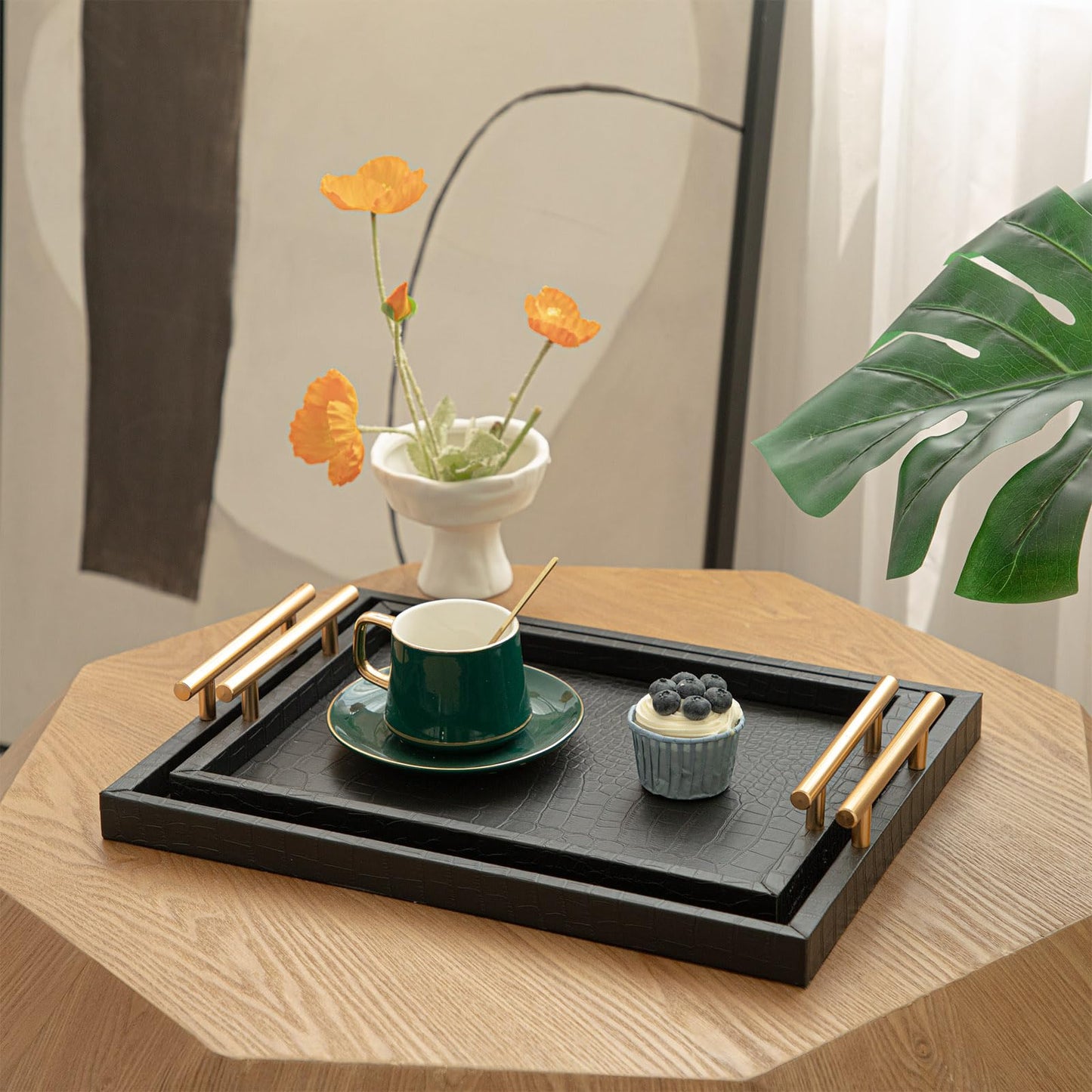 MACVAD Set of 2 Modern Elegant Large Wood Serving Tray, Rectangle Decorative Tray Ottoman Tay Coffee Table Tray, Black Crocodile Leather with Gold Polished Metal Handles
