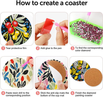 DOTZSO 8 Pcs Diamond Art Coasters Kit with Holder, Diamond Art Kits for Adults Beginners Small Diamond Painting Coasters, Arts and Crafts for Adults Supplies Item Sets (Flower)