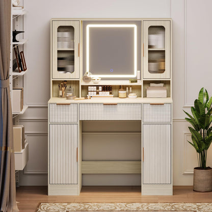 Garvee Vanity Desk with Mirror and Light, Modern Makeup Dressing Table with Adjustable 3 Colors Light, Vanities for Bedroom with 2 Glass Cabinet, 2 Large Cabinet, 3 Drawers & Storage Shelves, Natural