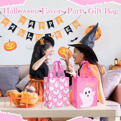 Wovnet 30 Pcs Halloween Party Favor Gift Bags Ghost Boo Pink Reusable Non Woven Goodie Treat Bags with Handle Horror Theme for Halloween Party Supplies 10 x 8 x 4in