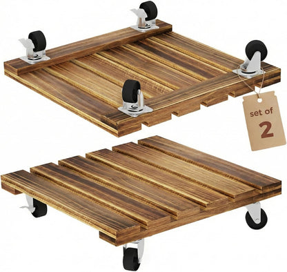 300lb 12inch 2 Pack Bamworld Wood Plant Caddy with Wheels, Capacity, Heavy Duty Planter Stand with Wheels Plant Dolly