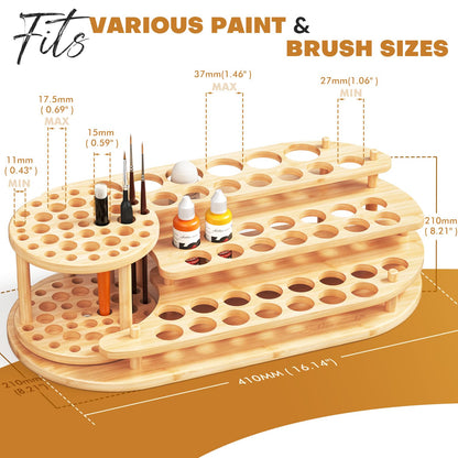 golden maple Bamboo Paint Organizer and Paint Brush Holder 2-in-1, 3-Tier Desktop Storage Rack with 42 Paint Bottle Holes & 39 Paint Brush Slots for Miniature Model Painting & Art Crafts