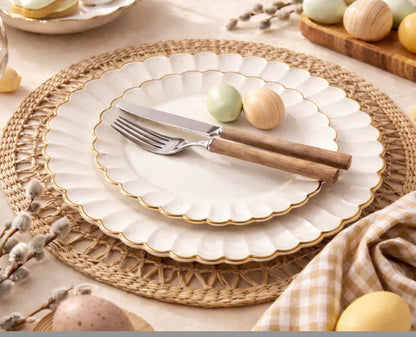 By Madee HEAVYWEIGHT 100 Pc Scalloped Ivory & Gold Plastic Plates for Party | 50 Dinner & 50 Dessert Disposable Plates Heavy Duty | Elegant & Fancy for Wedding, Baby Shower, Bridal Shower - 50 Guests