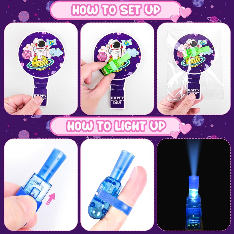 MOVINPE Valentines Day Exchange Gifts for Kids Classroom, 28 Packs Finger Lights with Valentines Cards - Light Up Finger Flashlights Valentine Day Gifts School Party Favors Class Prizes Bulk Space