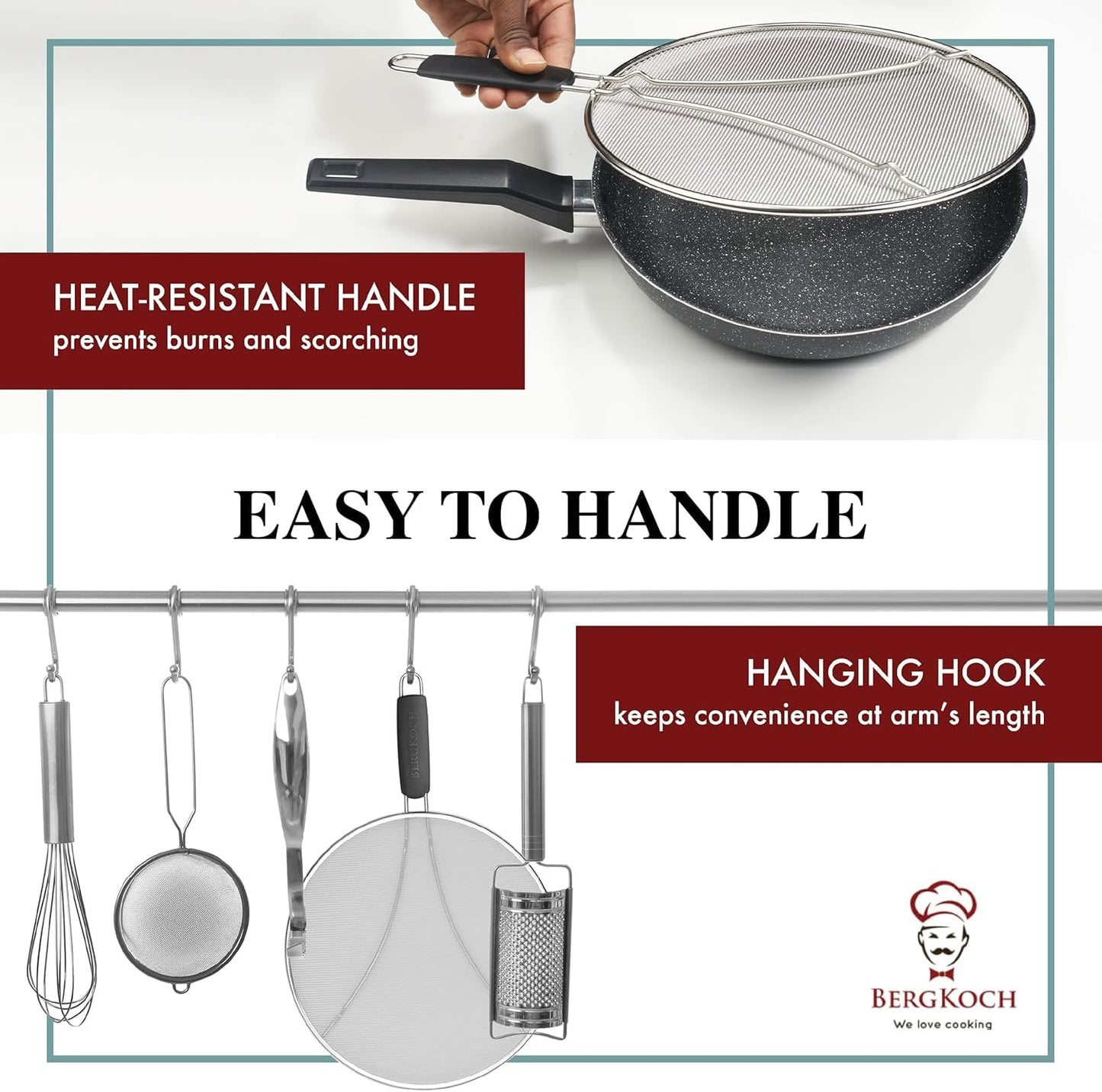 BergKoch Splatter Screen for Frying Pan - 9.5/11.5/13 Inch Stainless Steel Grease Splatter Guard (Set of 3) - Cover Oil Splash when Sizzling Bacon, Cooking Fried Chicken or Popcorn