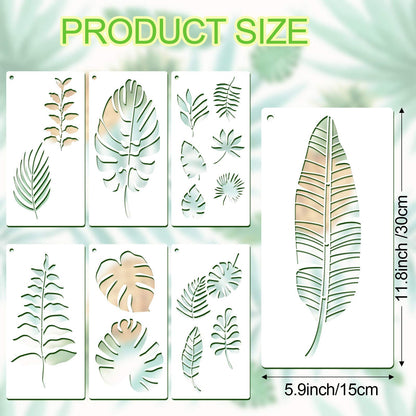 12 Pieces Tropical Fern Leaf Painting Stencils Large Reusable Palm Turtle Leaf Wall Stencil Flexible Botanical Leaves Template Set Crafts for Furniture Canvas Wood Plank (6 x 12 Inches)