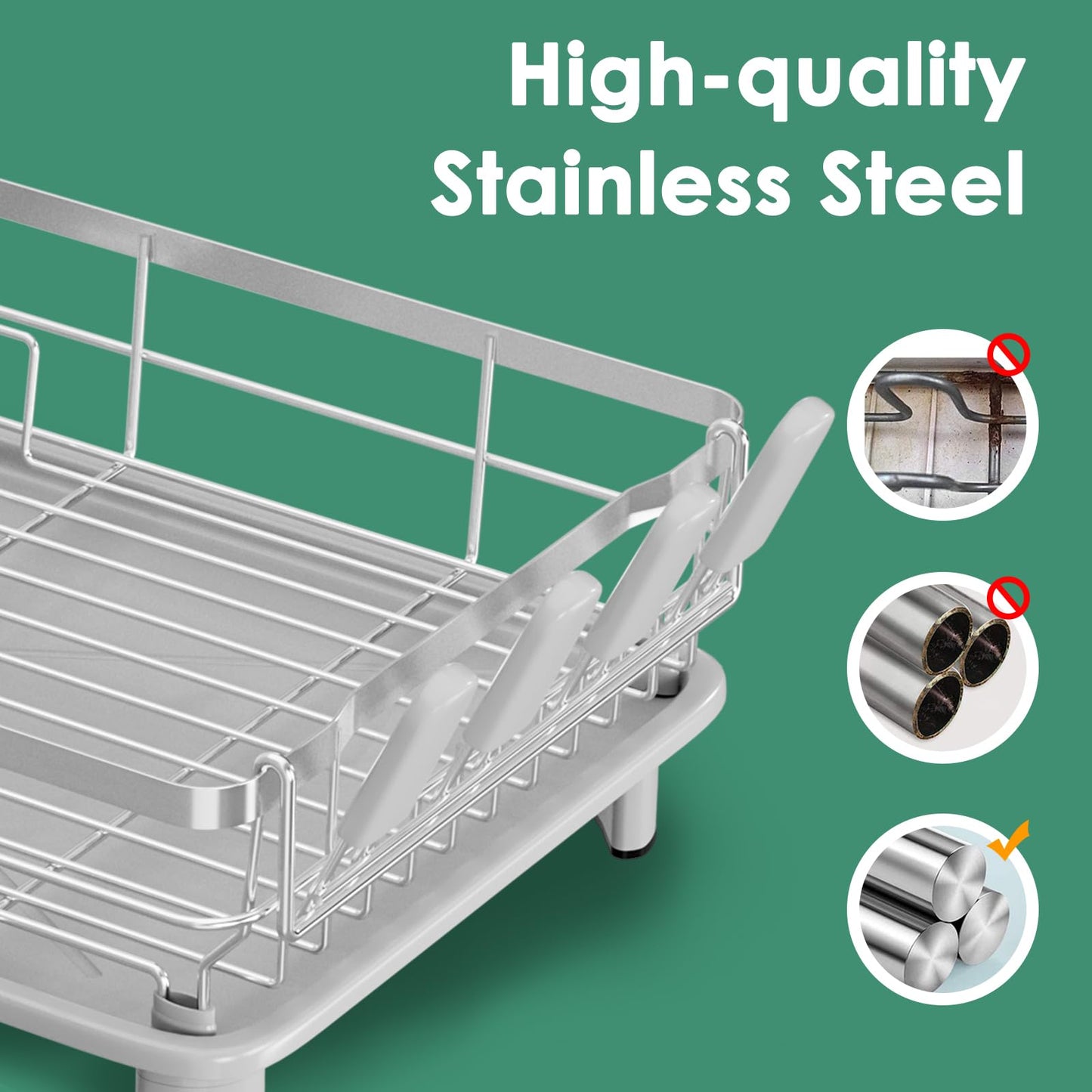 MOUKABAL Dish Drying Rack, Dish Rack, Stainless Steel Dish Racks for Kitchen Counter, Dish Drainer with Removable Utensil Holder, Drainboard (Grey,Stainless Steel,13''W x 17''L)
