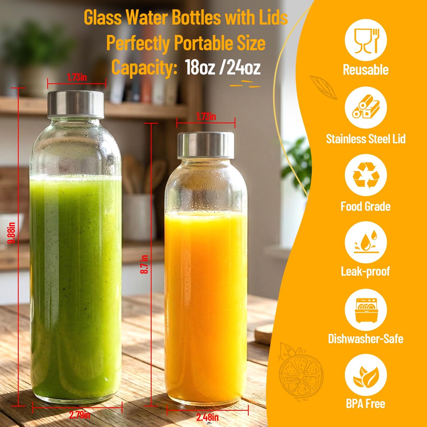 Luxfuel Clear Glass Bottles with Lids 18 oz, Reusable Glass Water Bottles with Stainless Steel Cap for Refrigerator, Juicing, 100% Leak Proof, BPA Free, Juice Bottle Drinking Jar Containers Set of 6