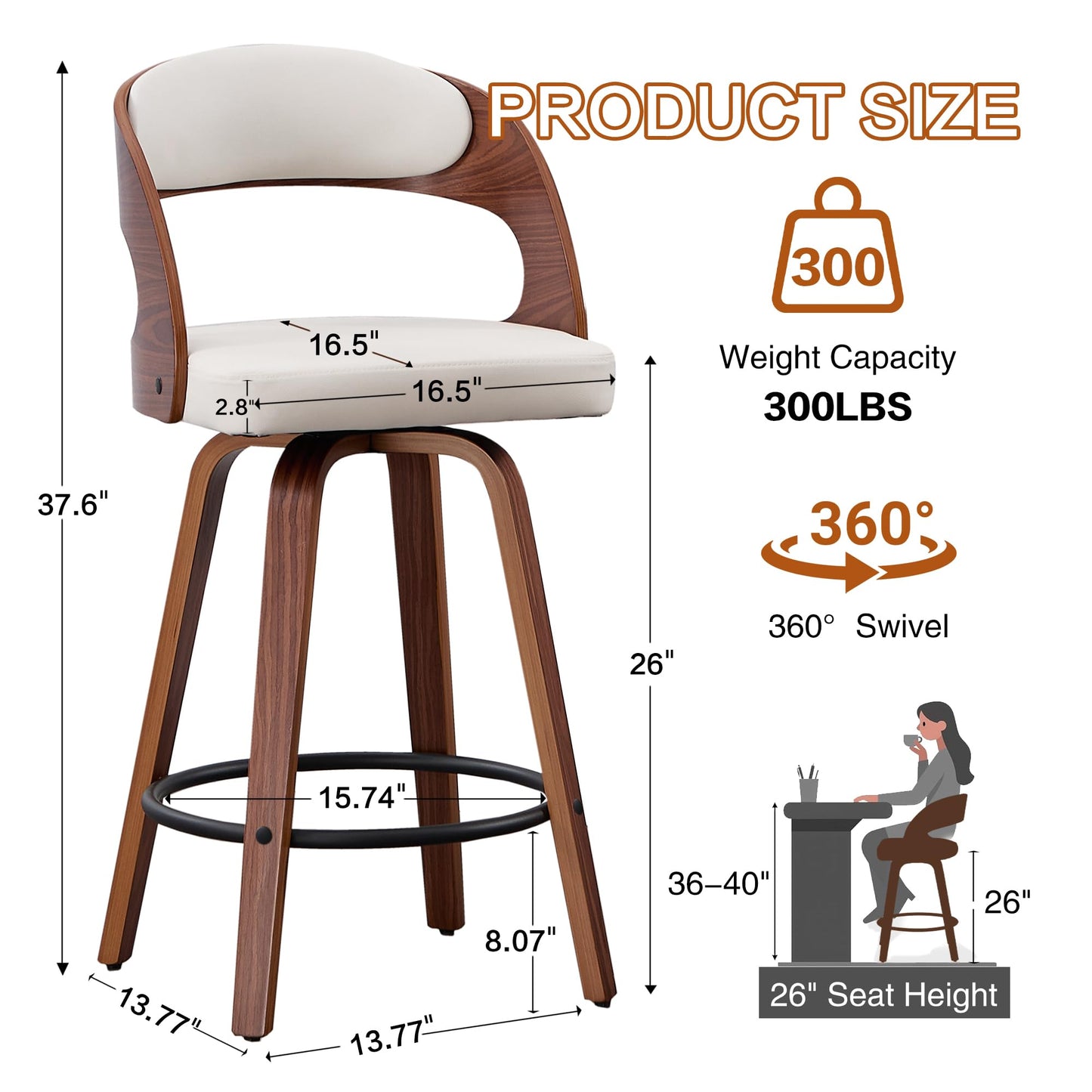 VipDesk Swivel Bar Stools Set of 2, Walnut Counter Height Bar Stools with Back and Arms, 26" Modern Faux Leather Upholstered Bar Chairs with Bentwood Frame for Kitchen Island Bar - White