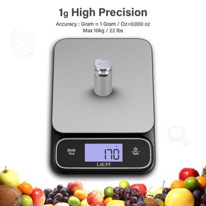 Lauff Digital Food Scale, Weighs Scale, Kitchen Scales, Food Scales messaures in Grams and Ounces with 0.01oz/1g Precise, Waterproof Kitchen Scale for Baking & Meal Prep with LCD Display (1g/10kg)