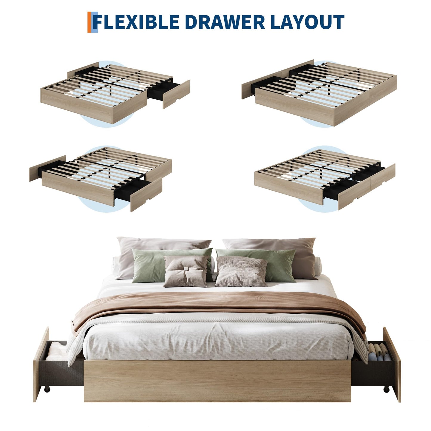 GarveeHome King Size Wood Platform Bed Frame with 2 Storage Drawers, Wooden Bed Frame Without Headboard, Wood Slat Support, No Box Spring Needed, Easy Assembly